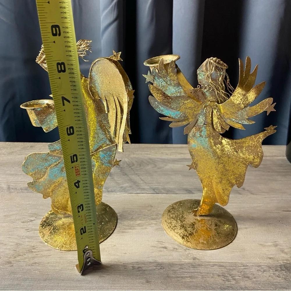 Pair of Vintage‎ Gold Metal Angel Figurines Candle Holders